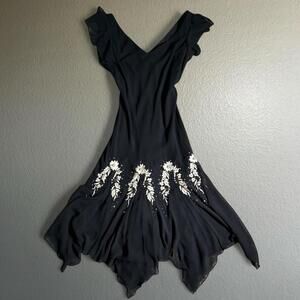 Black Fairycore Beaded Embroidered Ruffle Layered Whimsical Midi Dress